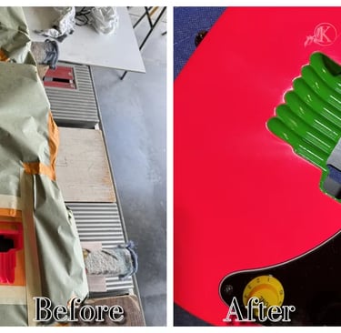 Before and after showing a custom guitar paint job with neon green accents on a bright pink electric guitar body.