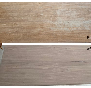 Before and after comparison of professional wood kitchen cabinet repair and water damage restoration.