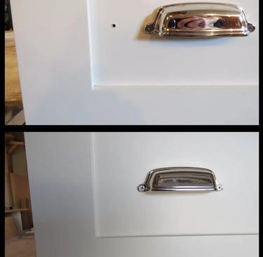 Drawer handle were missdrilled when installed leaving a hole, before and after image