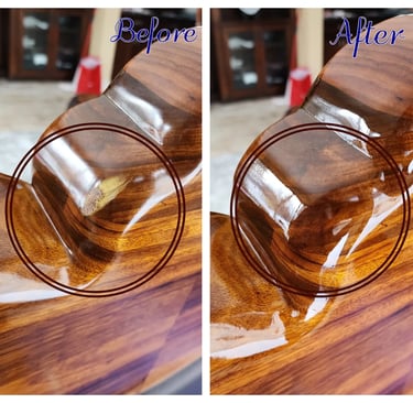 Before and after photos of a counch from Hon Kong finish repair on a wood body.