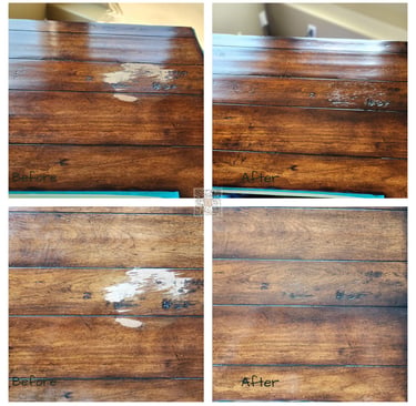 Before and after photos of a professional wood table repair and furniture refinishing project.