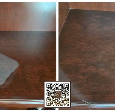 Before and after comparison of water stain removal on dark wood furniture surface.