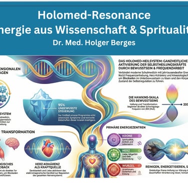 Holomed-Resonance infographic explaining holistic healing, energy medicine, and consciousness work by Dr. Holger Berges.