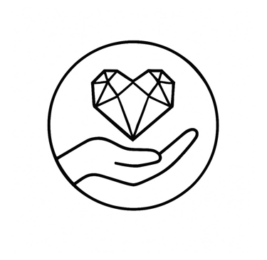Hand holding a geometric diamond heart icon in a circle, representing luxury care and value.