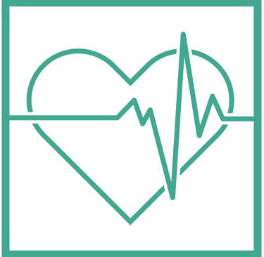 Teal line art icon of a heart with an EKG heartbeat pulse monitor wave inside a square frame.