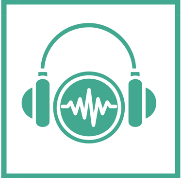 Teal headphones icon with a sound wave frequency symbol for audio and podcasting.