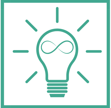 Teal light bulb icon with an infinity symbol inside, representing infinite ideas and innovation.