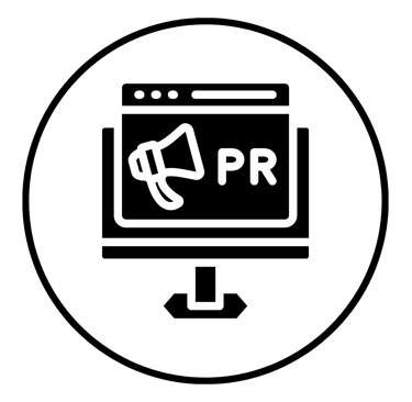 Digital PR marketing icon featuring a megaphone on a computer monitor for public relations services.