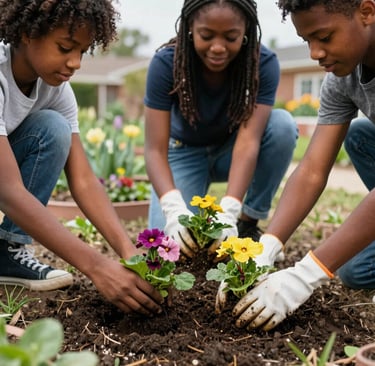 Close-up of hands planting a community garden in an urban Detroit neighborhood.