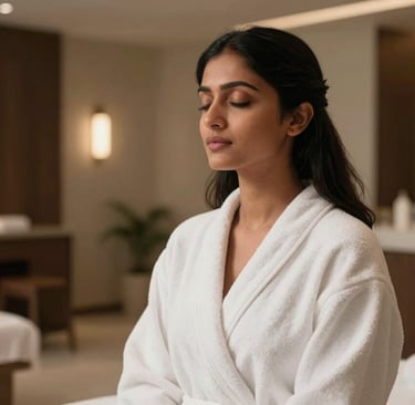 Portrait-oriented photograph of a serene South Asian woman in a spa gown, eyes closed, reflecting calm in a modern luxury spa lobby.