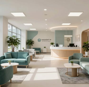 A wide-angle photograph of a modern, professional clinic lobby in North America. The space is filled with natural light, featuring soft teal and light sage decor, comfortable seating, and indoor greenery. The atmosphere is professional, serene, and welcoming.