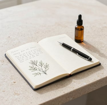 Journal with writing and herb drawing.