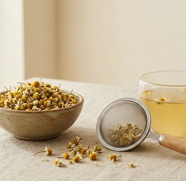 Fresh chamomile tea in a glass mug beside a bowl of dried chamomile flowers and a mesh tea strainer.