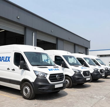 A fleet of Aflex Delivery branded cars lined up outside the company headquarters.