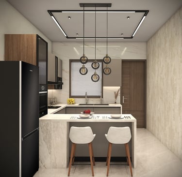 a kitchen with a large counter top and a sink view 2