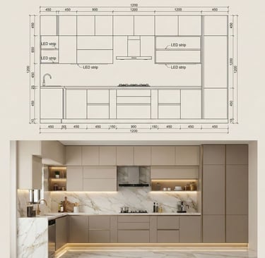 a kitchen with a large kitchen and a drawing of a kitchen