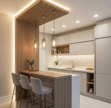 a kitchen with a bar stool and a bar stool