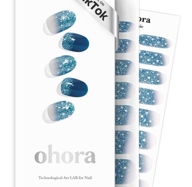 Ohora semi-cured gel nail strips in a blue glitter ombre design with viral TikTok packaging.