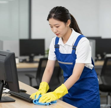 A professional cleaner in uniform carefully sanitizing an office desk in a modern corporate building in New Jersey.