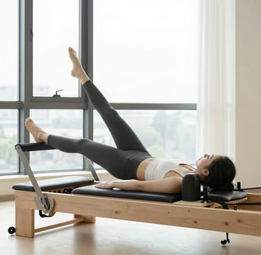 A serene Pilates session with an instructor gently guiding a client through precise movements in a bright, airy studio.