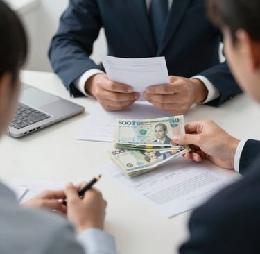Tres personas en reunión liquidando un contrato laboral con dinero y lápiz
