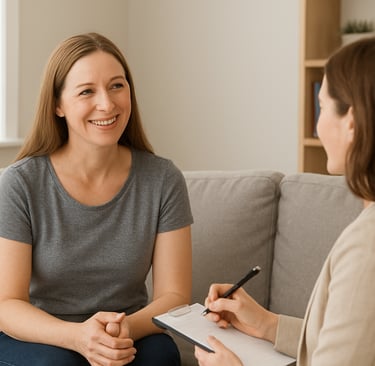 A woman smiling during a therapy session.