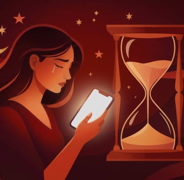 Illustration d'une femme triste regardant son smartphone lumineux à côté d'un grand sablier