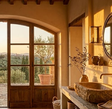 Bathroom palette holding through morning and evening light, French Mediterranean.