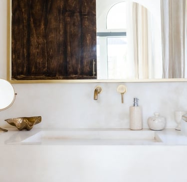 Mediterranean bathroom surface shown wet and dry, French Mediterranean.