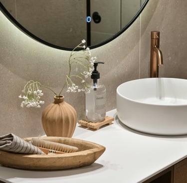 A French Mediterranean bathroom in soft morning light, ready for use.