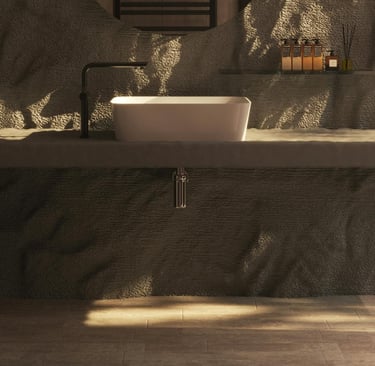 Soft shadow in a French Mediterranean bathroom corner.