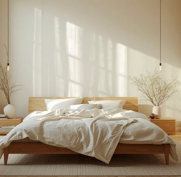 Space and clearance around the bed in a French Mediterranean bedroom.