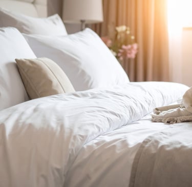 Bedroom palette holding through morning and evening light, French Mediterranean.