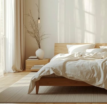 Linen curtains diffusing morning light in a French Mediterranean bedroom.