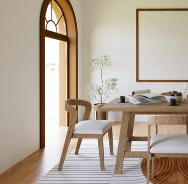 Stone, wood and linen in a French Mediterranean dining room.