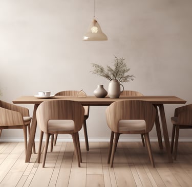 Dining room composition with negative space, French Mediterranean.