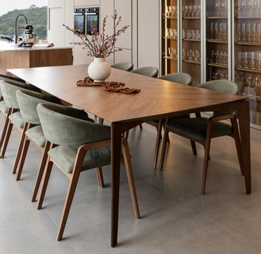 Dining chairs around a table with even spacing in a French Mediterranean room.
