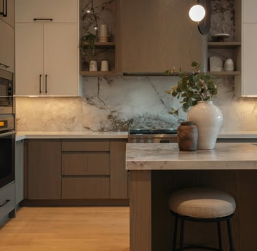 Kitchen counter in evening light, French Mediterranean.