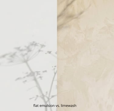 True limewash texture next to flat emulsion, shown side by side.