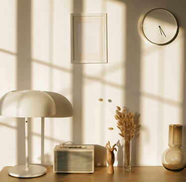 A French Mediterranean living room corner in changing seasonal light.