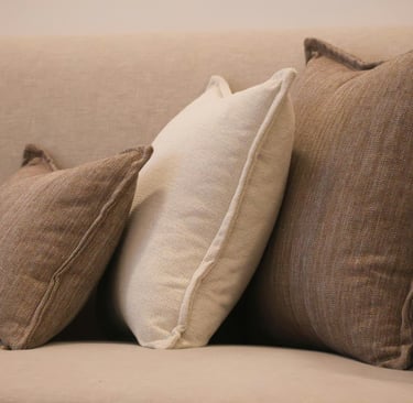 Linen texture in a French Mediterranean living room.