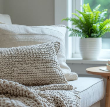Low linen sofa in a French Mediterranean living room.