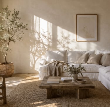 A bright southern living room with linen curtains and limewash walls.