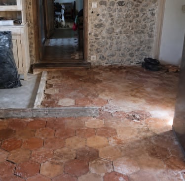 Original terracotta floor in a traditional French Mediterranean house.