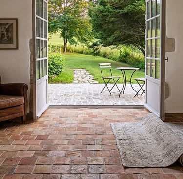 Aged terracotta floor tiles in a French Mediterranean interior.