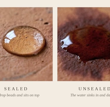 water drop test on terracotta, one drop beads on a sealed tile while another soaks in where the tile