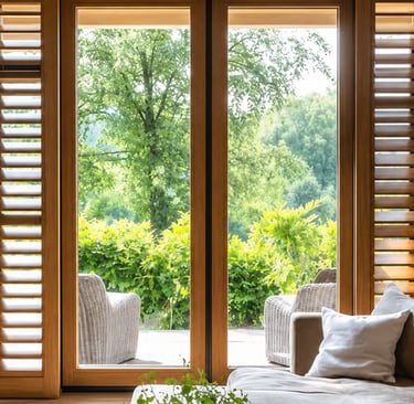 Timber shutters and a deep reveal filtering strong sun in a southern home.
