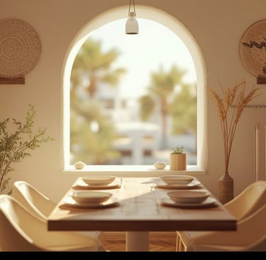 Warm neutral French Mediterranean Dining Room.