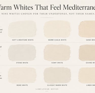 Warm white limewash paint samples compared side by side in natural light.