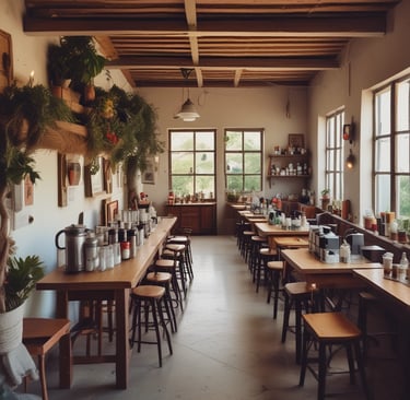 Sunlight filtering through leafy trees onto outdoor seating with earthy-toned cushions at Kafenwa Haiti.